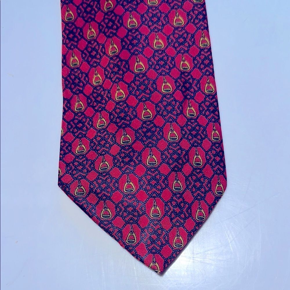Vtg Setarium Firenze red, navy blue & gold rope & stirrup print Italian silk tie